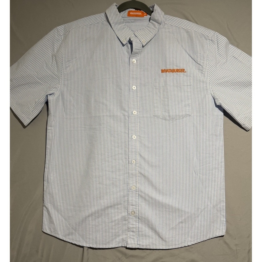 whataburger employee blue white striped ss shirt, button up, men's medium